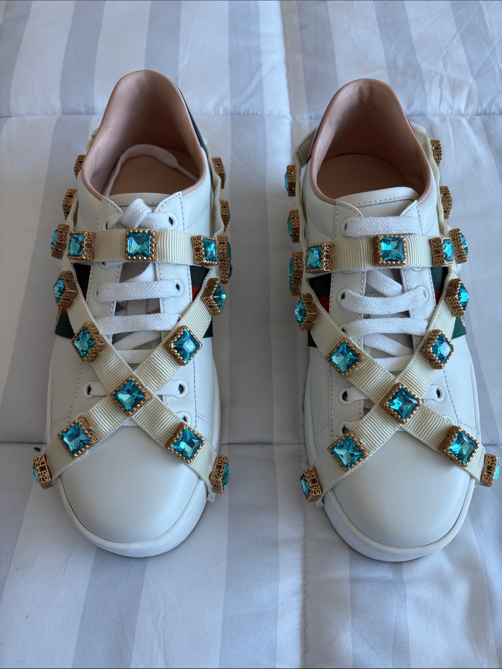 Women’s GUCCI Ace Platform “white gems” Crystal Sneakers, size 37.5
